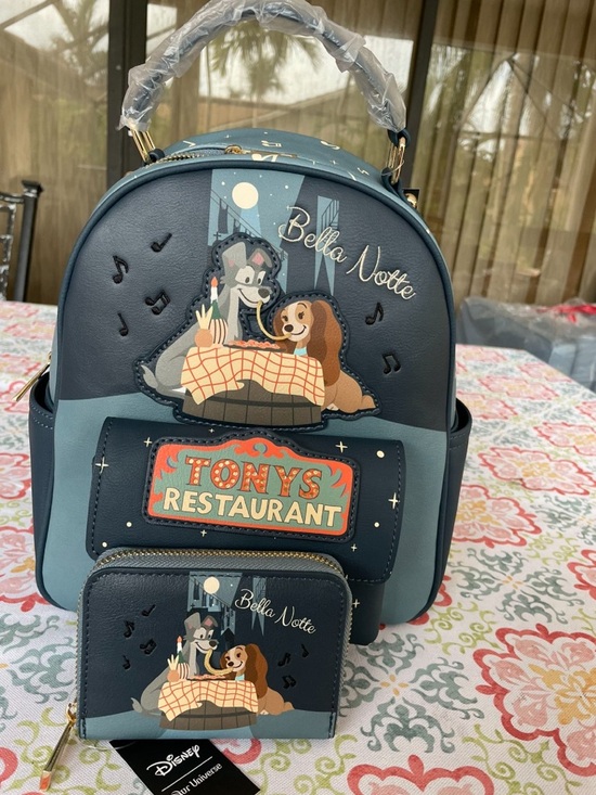 Disney Handbags - Disney Blue Bella Notte Tony's Restaurant Backpack and Wallet Set